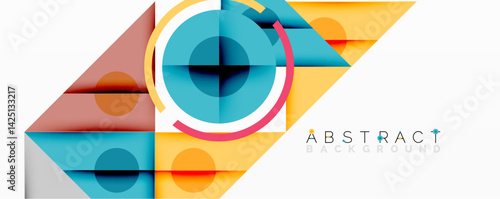 Geometric shapes overlap creating vibrant abstract composition. Circles, squares, triangles combine with bold colors for modern design element. Clean lines suggest innovation.