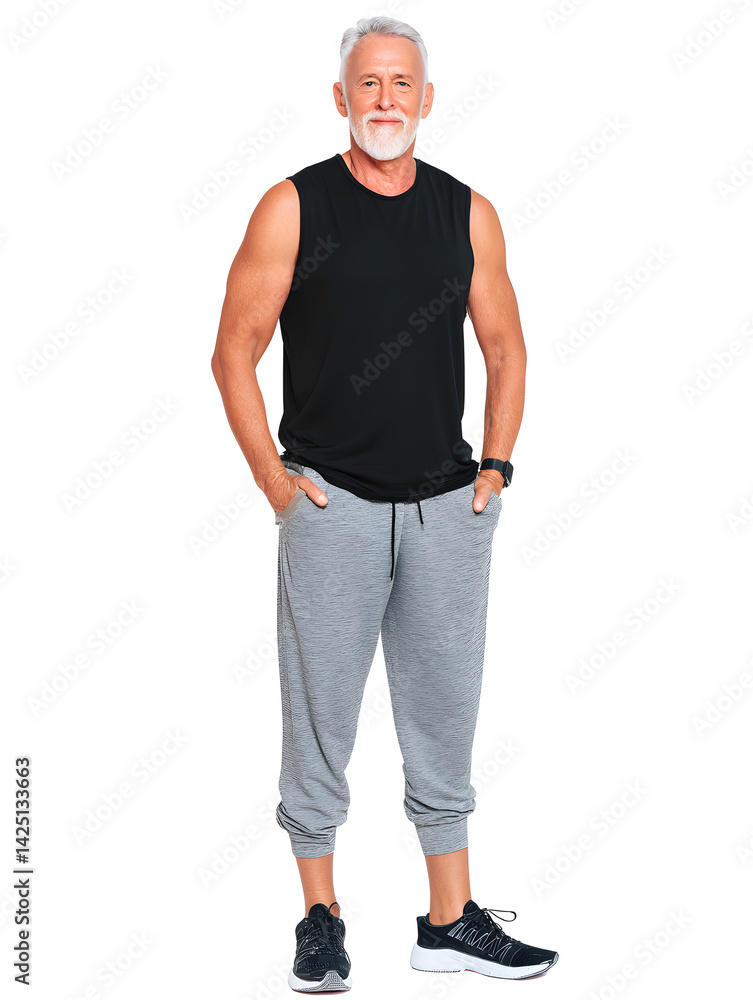 Senior man in half-smile post-exercise, standing , healthy energy, clean background Senior man in half-smile post-exercise, standing , healthy energy, clean background