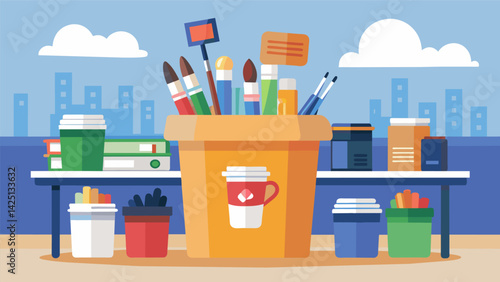 A donation bin overflowing with paints brushes and other art essentials stands in a bustling coffee shop encouraging patrons to donate their unwanted. Vector illustration