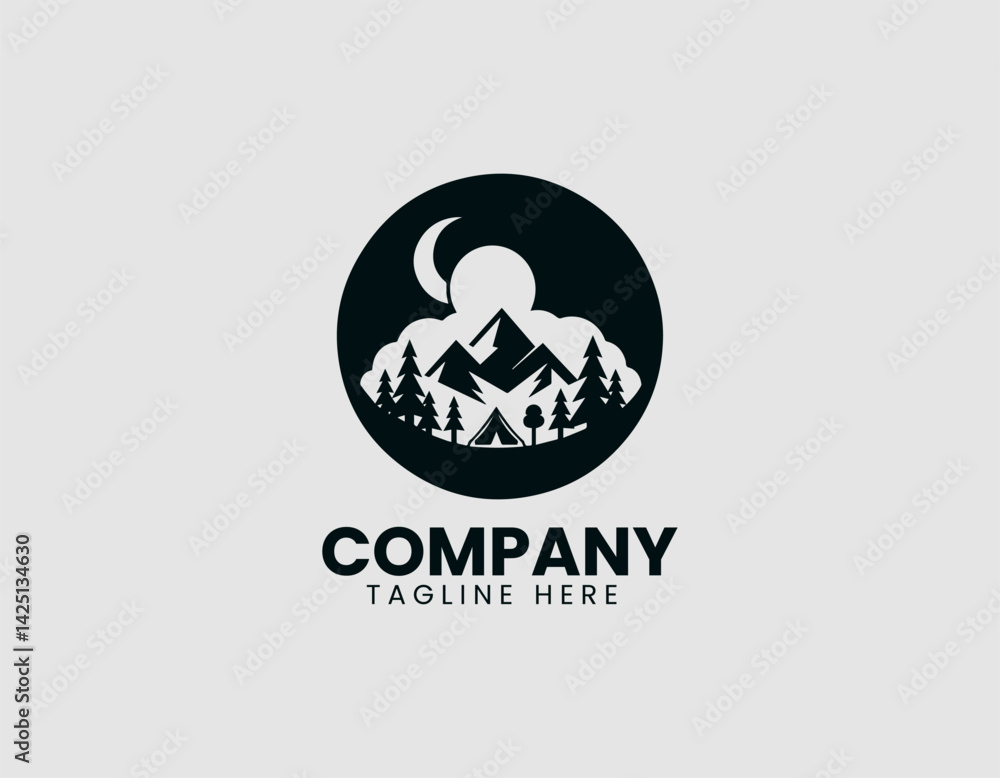 Fototapeta premium Night Camping Scene Tent Mountains Vector Logo Design