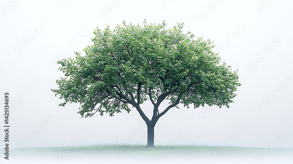 Solitary tree with lush green leaves isolated on white background in foggy landscape Solitary tree with lush green leaves isolated on white background in foggy landscape