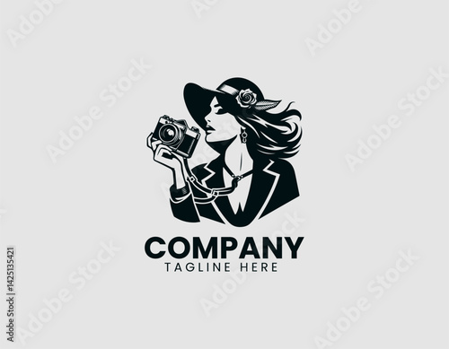 Stylish Woman Taking Photo Vintage Camera Vector Logo Design