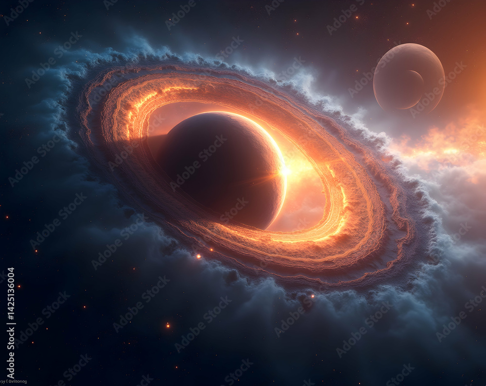 Obraz premium Spectacular cosmic event, where spacetime bends dramatically around a celestial mass, adorned with glowing plasma and distant celestial bodies, an awe inspiring display