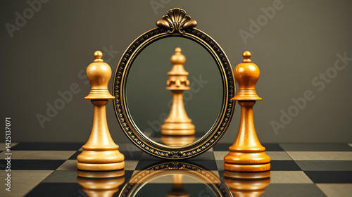 Couple of pawns looking in the mirror with just one of them reflected in it - Concept of egoism and narcissist