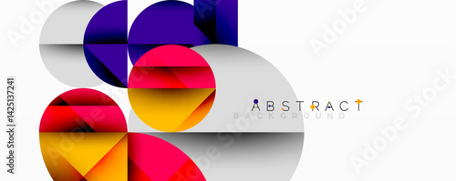 Colorful geometric shapes overlap creating dynamic abstract composition. Circles, segments, gradients form modern design element. Bright hues contrast against white space.
