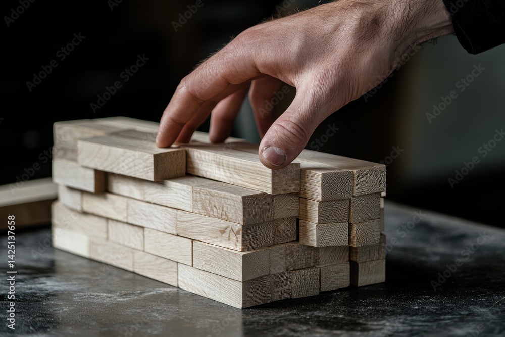 Man hand puts the raw wooden block in a pile, indoor shot. Perfect for building, woodworking, or DIY projects illustration. Man hand puts the raw wooden block in a pile, indoor shot. Perfect for building, woodworking, or DIY projects illustration.