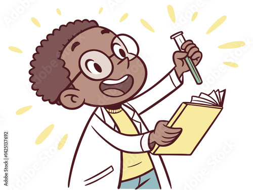 Cartoon Boy Scientist Experimenting with Test Tube and Notebook. Young Researcher in Lab Coat Illustration