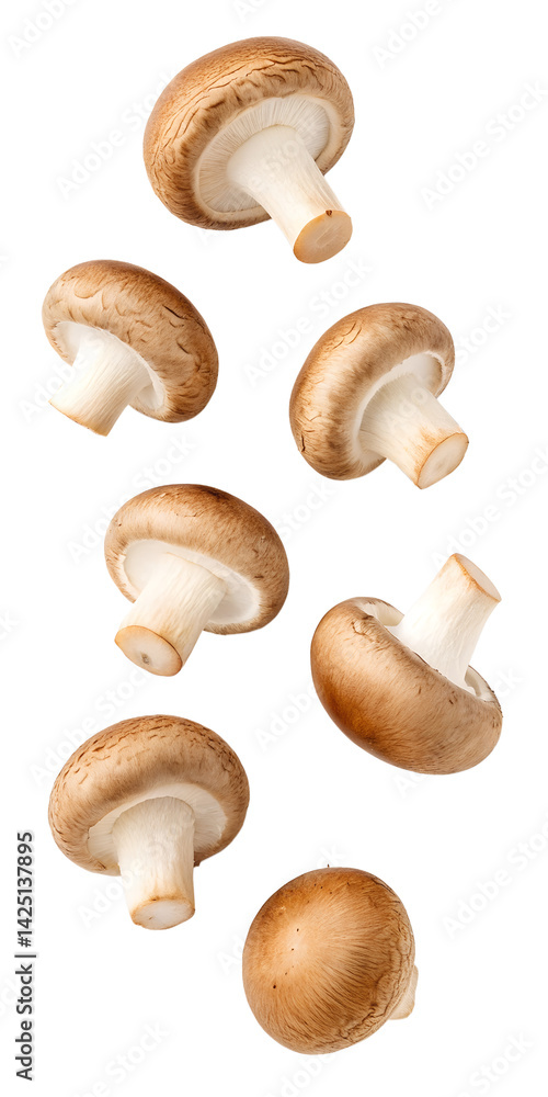 Brown mushrooms falling isolated on transparent background Brown mushrooms falling isolated on transparent background