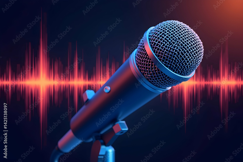 Studio Microphone with Glowing Soundwaves, Capturing the Essence of Audio Production and Broadcasting for Professional Recording Sessions