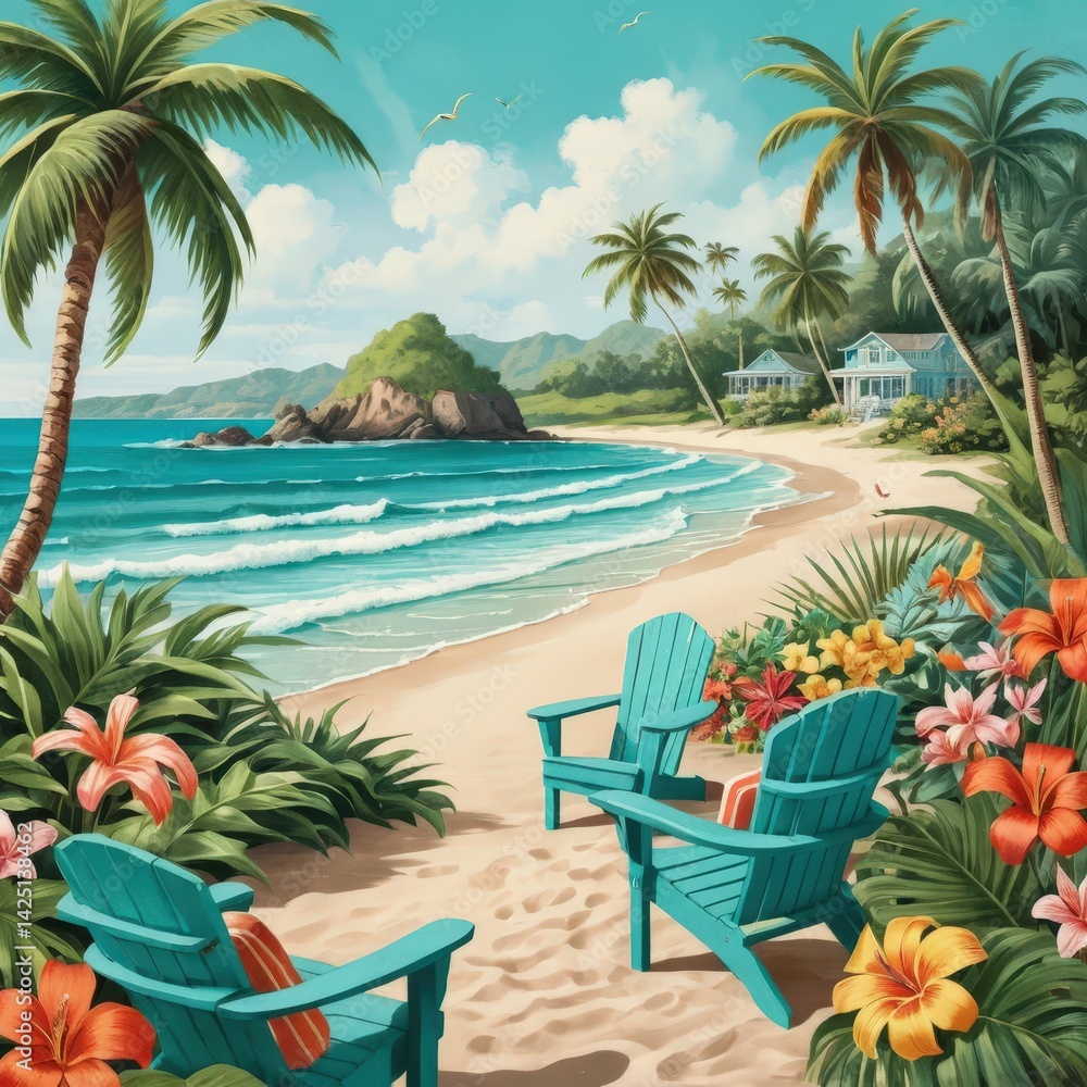 A serene tropical beach scene featuring vibrant blue lounge chairs nestled in soft, white sand, surrounded by lush green palm trees swaying gently in the warm breeze under a clear blue sky. A serene tropical beach scene featuring vibrant blue lounge chairs nestled in soft, white sand, surrounded by lush green palm trees swaying gently in the warm breeze under a clear blue sky.