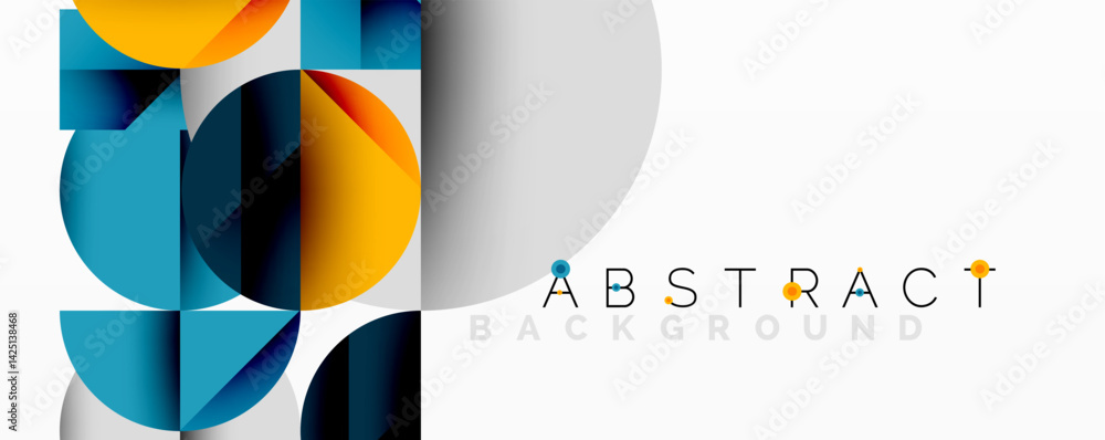 Obraz premium Modern abstract design features overlapping geometric shapes. Blue, orange, gray colors create dynamic composition on white background. Minimalist style, clean lines.