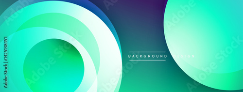 Abstract background features layered circles, gradients shifting from turquoise to deep blue. Right side displays solid teal hue. Minimalist design, modern aesthetic. Text reads background design.