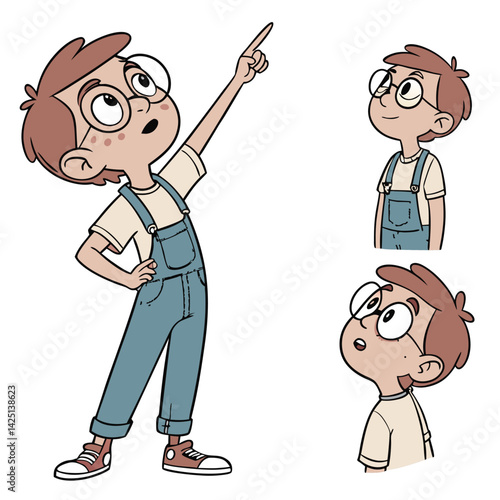 Cartoon Boy Character Illustration: Cute Kid with Glasses Pointing Up, Full Body & Headshot Views, Vector Art Style