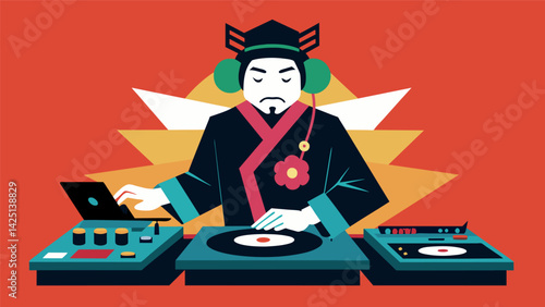 A DJ from Japan blends traditional Japanese music with vinyl samples from hip hop and reggae creating a oneofakind crosscultural mix. Vector illustration