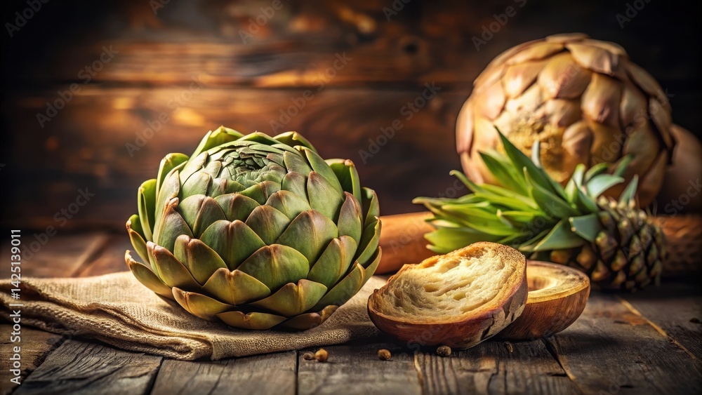 Obraz premium Rustic Still Life Featuring Fresh Artichokes and Crusty Bread on Wooden Table