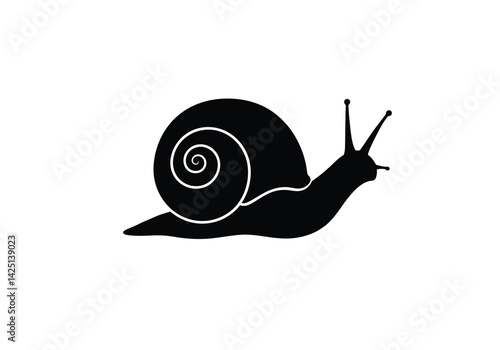 Snail silhouette. This image shows a black silhouette of a snail with a spiral shell and extended antennae, representing mollusk and slow-moving nature. Vector clipart illustration design.