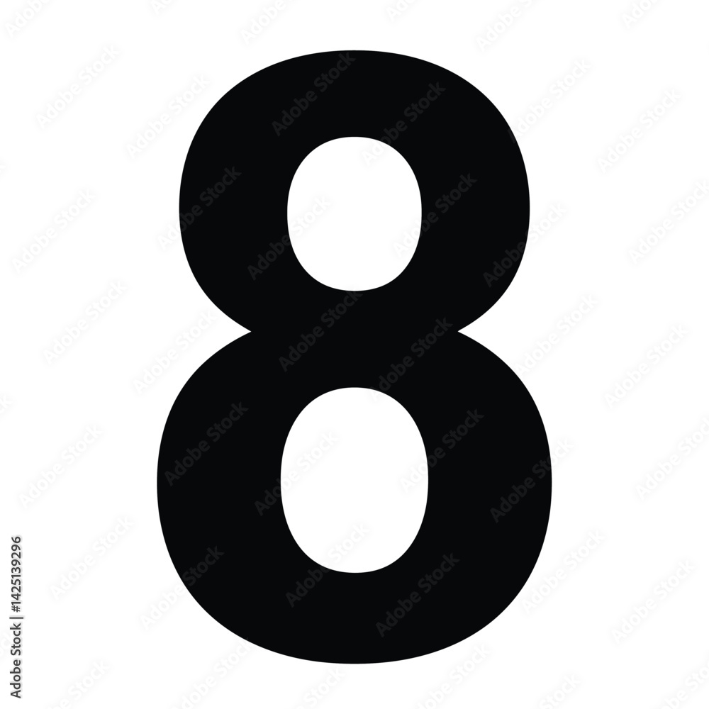 Number 8 silhouette. This image presents a bold, black number 8 in a clear and minimalistic style, symbolizing numeral, digit, and typography. Vector clipart illustration design. Number 8 silhouette. This image presents a bold, black number 8 in a clear and minimalistic style, symbolizing numeral, digit, and typography. Vector clipart illustration design.