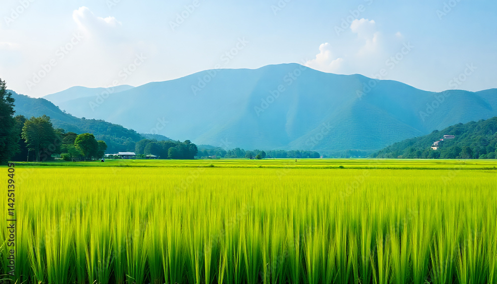 Fototapeta premium panoramic view of rice fields, with a background of high mountains