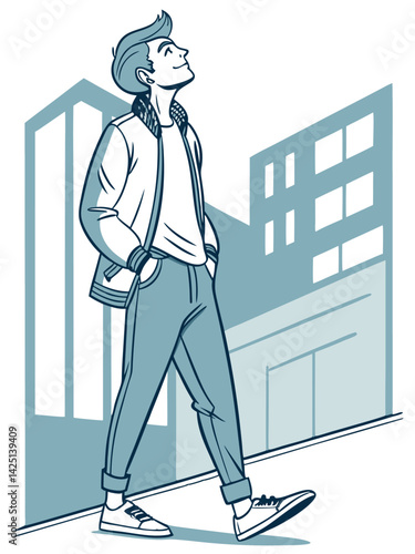 Stylish Man Walking in City: Cartoon Illustration of Young Guy in Jacket, Jeans & Sneakers Looking Up in Urban Scene