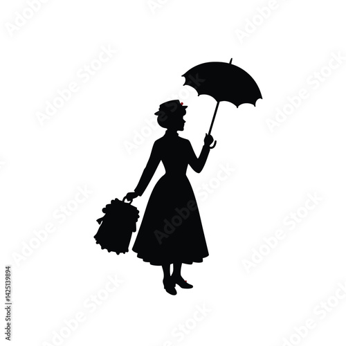 Mary poppins silhouette. A vintage silhouette of a woman holding an umbrella and bag, symbolizing Mary Poppins, nanny figure, and classic character. Vector clipart illustration design.