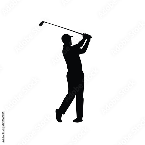 Golfer silhouette. This image shows a black silhouette of a golfer in mid-swing, capturing the dynamic motion and elegance of the sport. Vector clipart illustration design.