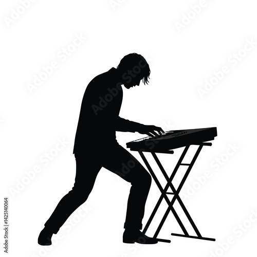 Keyboard player silhouette. This image shows a person playing a keyboard in a silhouette style, emphasizing the posture and instrument. Vector clipart illustration design.