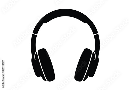 Headphones silhouette. This image shows a black silhouette of over-ear headphones, a simple yet recognizable representation of audio equipment. Vector clipart illustration design.