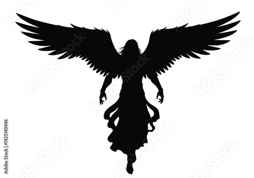 Archangel silhouette. A black silhouette of an archangel with large wings spread wide, representing a celestial guardian and divine protector in a dramatic pose. Vector clipart illustration design.