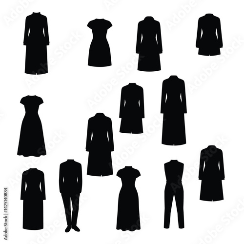Garment silhouettes. This image shows various black silhouettes of different types of garments including dresses, suits, and pants, diverse fashion styles. Vector clipart illustration design.