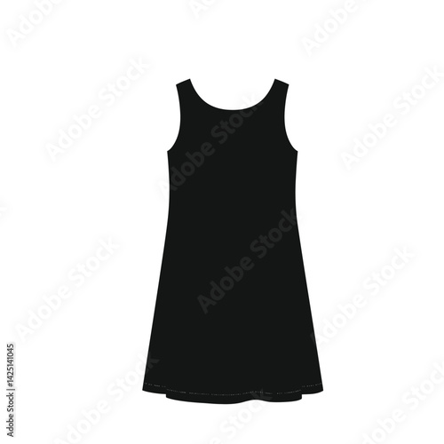 Shift silhouette dress. This image shows a black sleeveless shift dress with a simple, elegant design, also known as a sheath or straight-cut dress. Vector clipart illustration design.