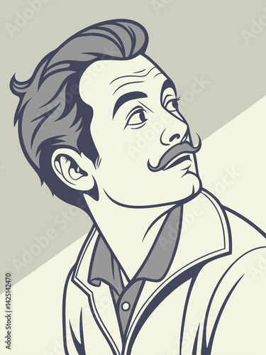 Vintage Illustration of Man with Mustache Looking Upward - Retro Style Portrait Art Print