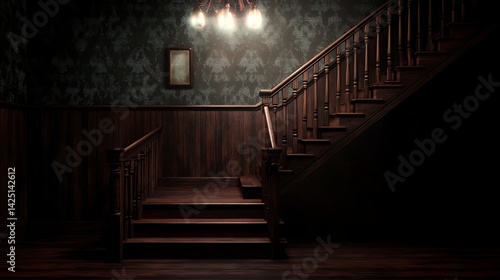 A dimly lit staircase in a vintage setting with ornate woodwork and wallpaper.
