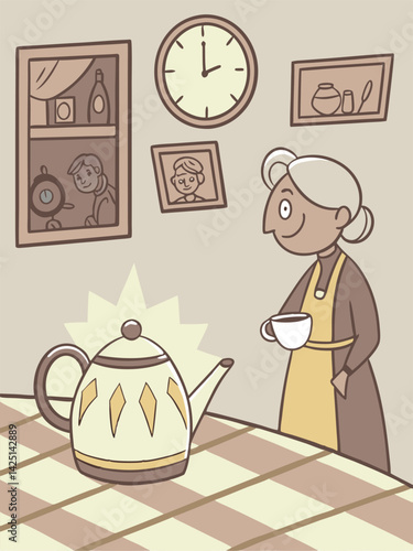 Grandma's Vintage Kitchen: Teapot, Tea Cup, Clock, & Family Photos - Cozy Illustration of a Senior Woman in a Retro-Style Home Setting
