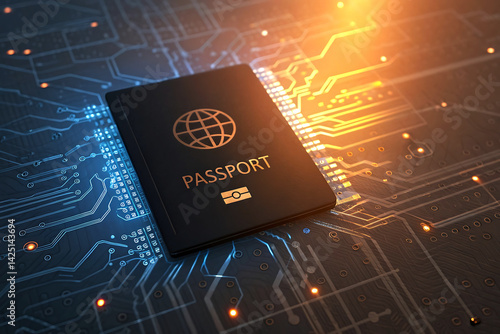 Digital Passport on Circuit Board Future of Travel Tech Secure ID Global Connectivity Innovative