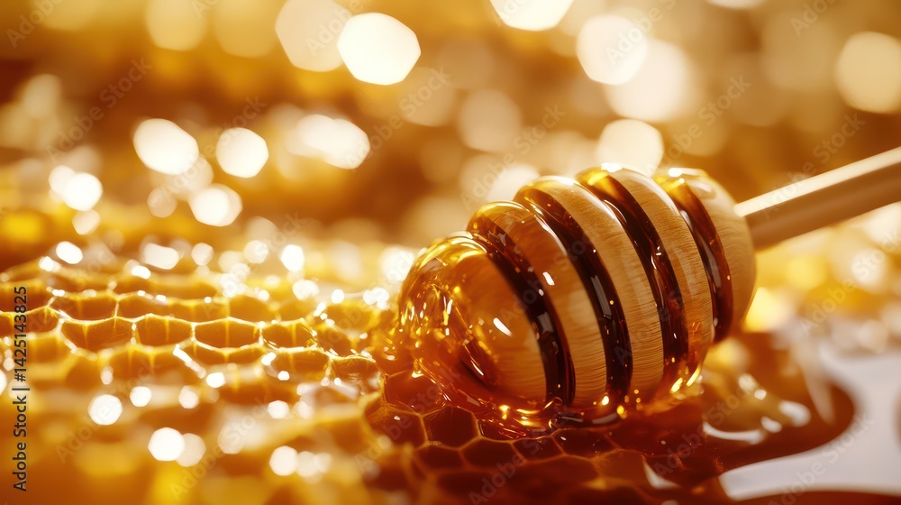 Honey dipping in honeycomb background Honey dipping in honeycomb background