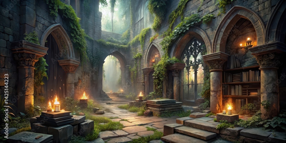 Fototapeta premium Enchanted Ruins A Mystical Courtyard Path Lighted by Candles, Overgrown with Lush Greenery and Ancient Stone Architecture