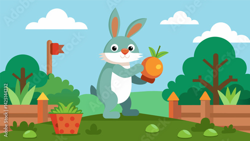 A virtual garden for your rabbit to nibble on carrots and hop through obstacles.. Vector illustration
