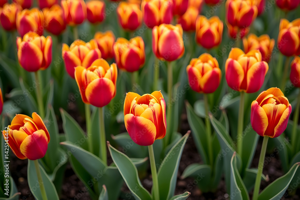 Vibrant field of bicolor tulips in full bloom captured from an overhead perspective, showcasing their radiant colors and delicate petal formations in a garden setting Vibrant field of bicolor tulips in full bloom captured from an overhead perspective, showcasing their radiant colors and delicate petal formations in a garden setting