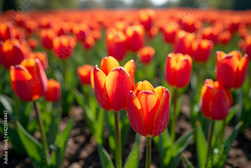 Vibrant Field of Red and Yellow Tulips, A Captivating Floral Display Showcasing the Beauty of Nature in Full Bloom, Perfect for Springtime Imagery