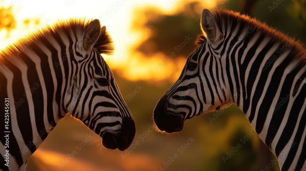 Fototapeta premium Two zebras face each other against a vibrant sunset, surrounded by lush greenery