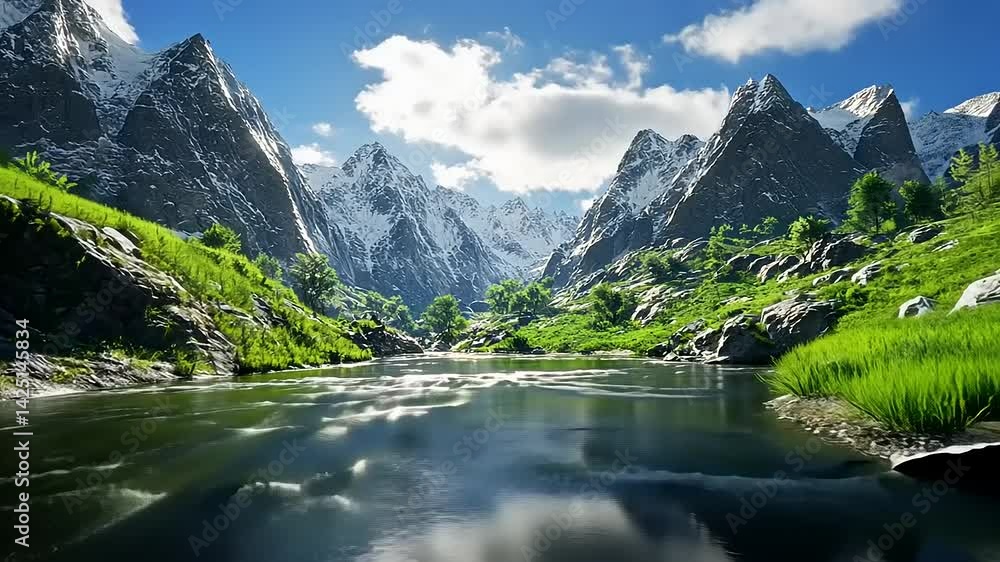 Stunning Mountain Landscape with River Reflection in Nature Stunning Mountain Landscape with River Reflection in Nature