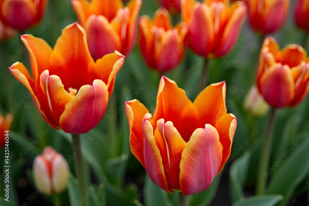 Obraz premium Vibrant Overhead View of Red and Orange Tulips Blooming in a Lush Garden Bed Presenting Nature's Splendor and Floral Beauty in Springtime