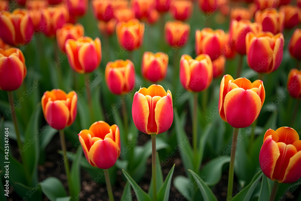 Vibrant Tulip Garden, An Overhead View of Blooming Tulips in a Lush Garden Bed, Showcasing Their Vivid Colors and Intricate Petal Patterns in a Natural Setting Vibrant Tulip Garden, An Overhead View of Blooming Tulips in a Lush Garden Bed, Showcasing Their Vivid Colors and Intricate Petal Patterns in a Natural Setting