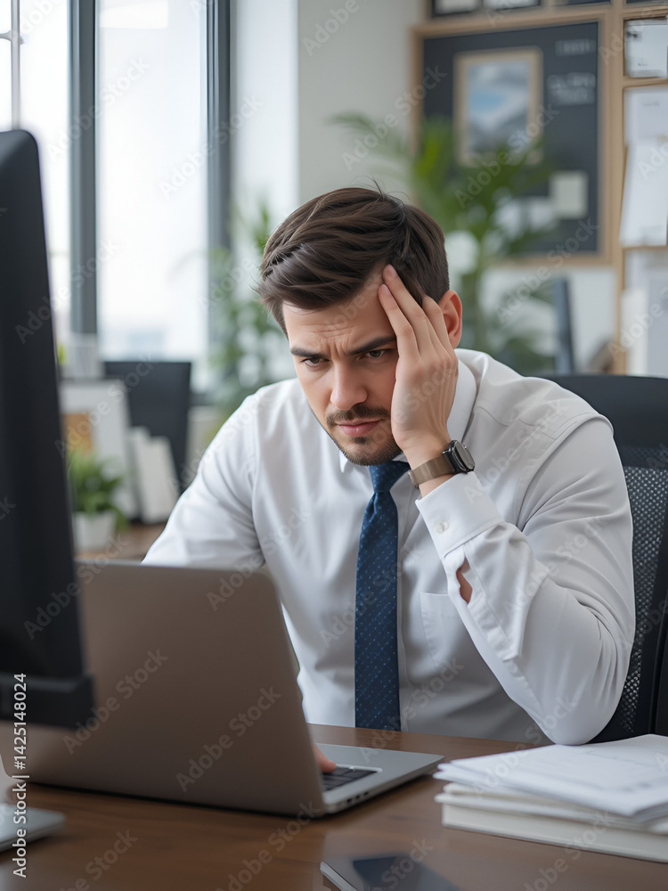 Man, stress and laptop in office for business, banking fraud and finance mistake at desk. Confused accountant, computer and frustrated in accounting agency for admin crisis, economy fail and anxiety Man, stress and laptop in office for business, banking fraud and finance mistake at desk. Confused accountant, computer and frustrated in accounting agency for admin crisis, economy fail and anxiety
