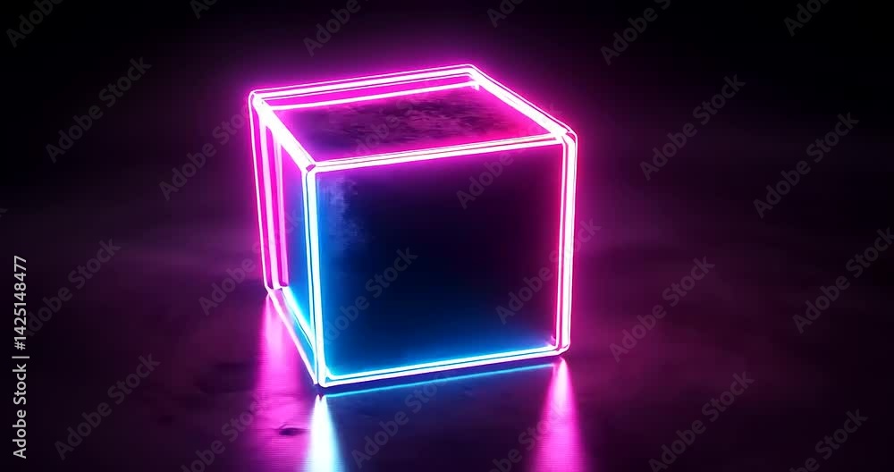 Neon-lit transparent cube on dark reflective surface Neon-lit transparent cube on dark reflective surface