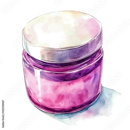 Facial mask jar with soft texture, watercolor illustration, isolated on a white background.

