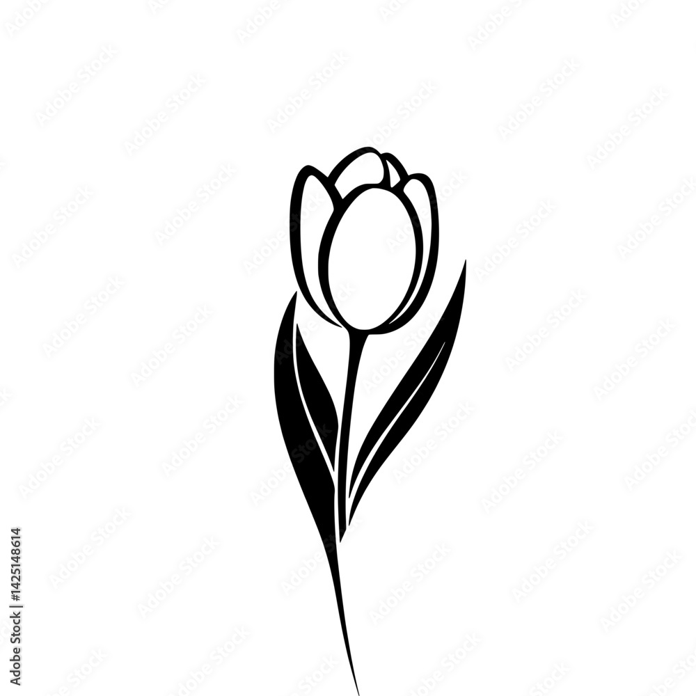 Single Tulip: An elegant single black silhouette tulip against a white background. Simple and elegant. Minimalist style perfect for minimalist decor. Single Tulip: An elegant single black silhouette tulip against a white background. Simple and elegant. Minimalist style perfect for minimalist decor.