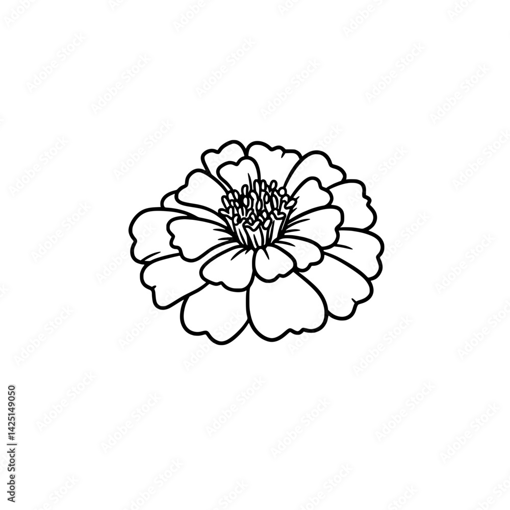 Marigold Line Art: Simple line drawing of a marigold flower, showcasing its delicate petals and central disc. Perfect for minimalist designs and floral illustrations. Marigold Line Art: Simple line drawing of a marigold flower, showcasing its delicate petals and central disc. Perfect for minimalist designs and floral illustrations.
