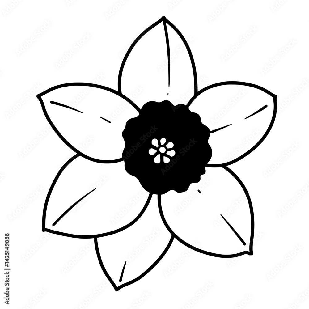 Daffodil Line Art: Simple line drawing of a daffodil flower, showcasing its elegant petals and central corona. Perfect for spring themes and minimalist designs. Daffodil Line Art: Simple line drawing of a daffodil flower, showcasing its elegant petals and central corona. Perfect for spring themes and minimalist designs.
