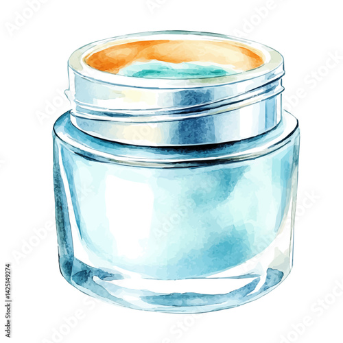 Facial mask jar with soft texture, watercolor illustration, isolated on a white background.


